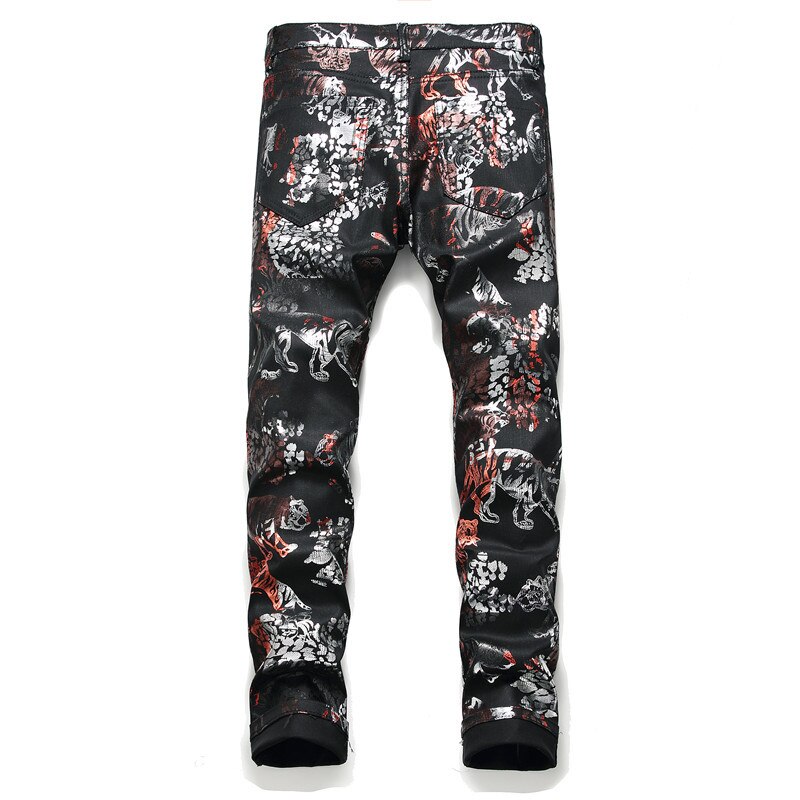 Sokotoo mannen tiger animal gedrukt coated jeans slim fit black geschilderd stretch broek