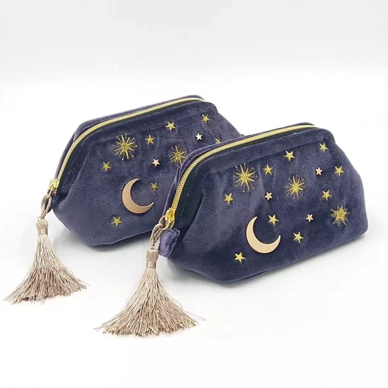 Leuke Fluwelen Borduurwerk Cosmetic Bag Travel Organizer Vrouwen Make-Up Tas Rits Make Up Pouch met Moon Star Tassel Deco