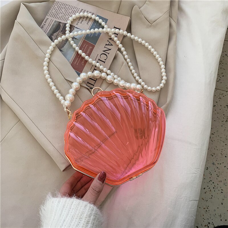 Acrylic Tote Transparent Shell bag PVC Women's Handbag Pearl strap Shoulder Messenger Bag: Pink