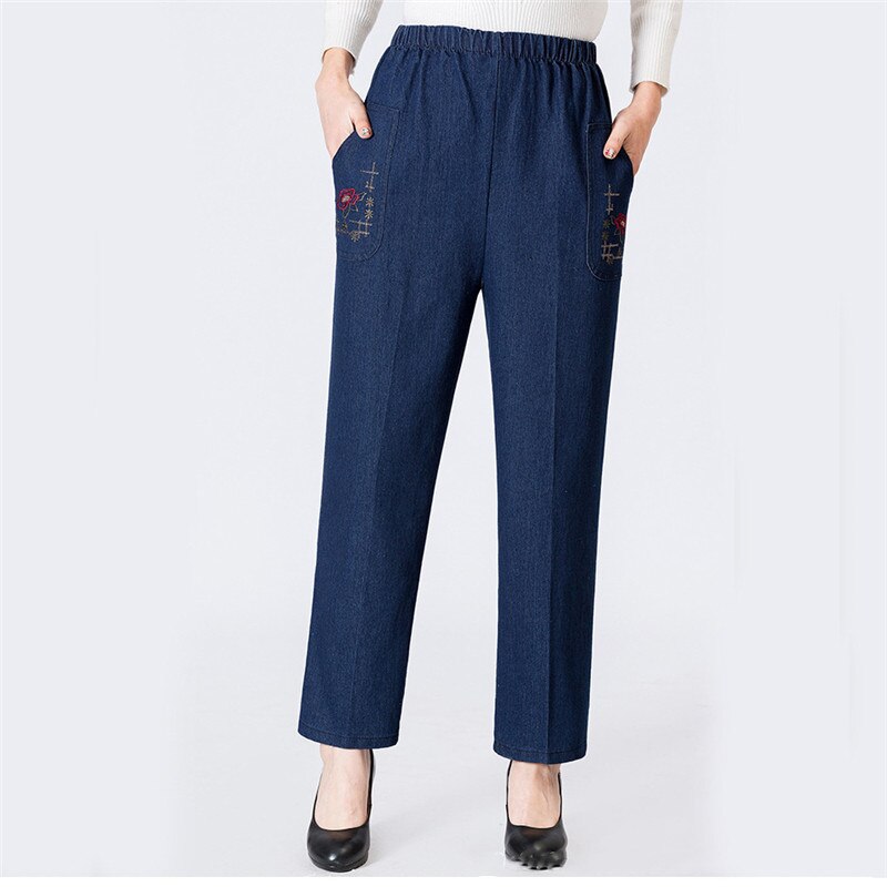 Mom jeans blå løse jeans med høj talje forår koreanske broderilommer midaldrende kvinder lige jeans smart tøj  jd47: Blå / Xl