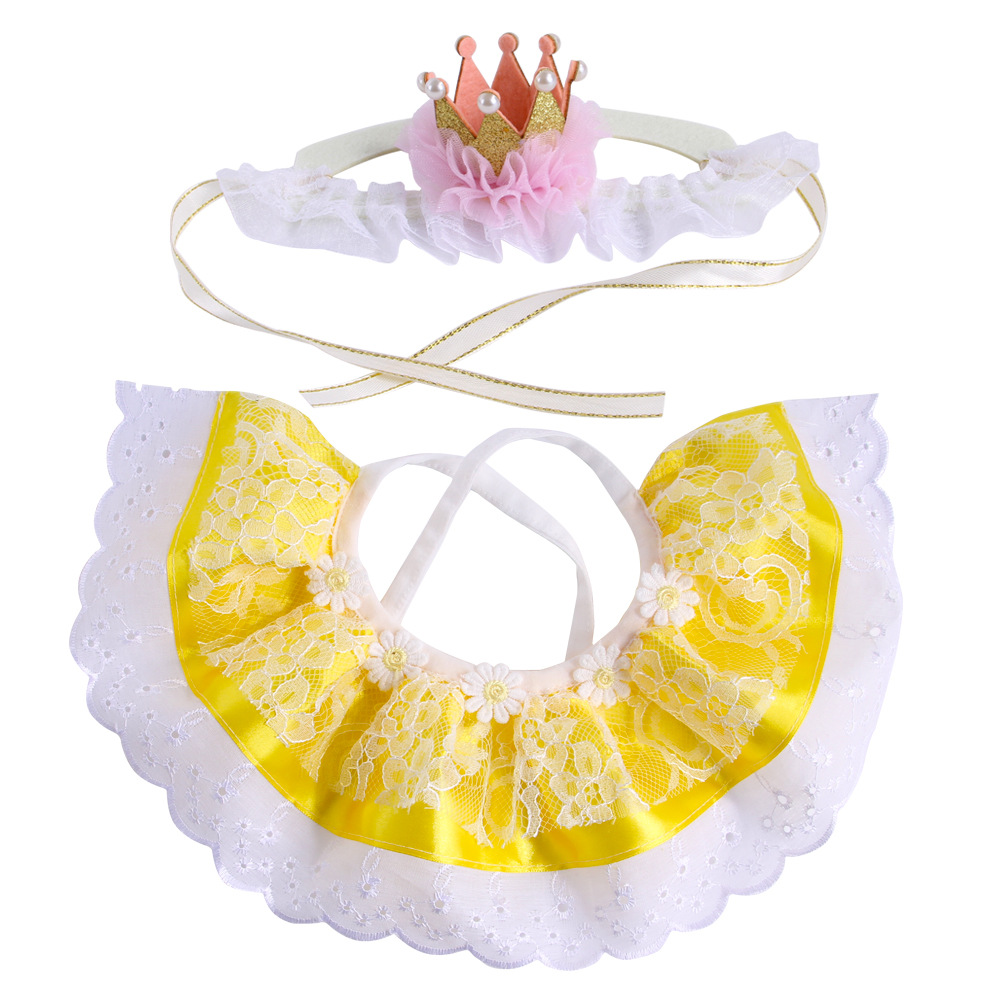 Pet Birthday Acessorio Dress Up The Cat, Pet Birthday Costume gatti o cani Crown Hat Lace Saliva Set di asciugamani, bavaglino compleanno per animali domestici: yellow