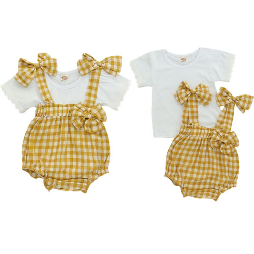 Baby Meisje Kleding Wit Korte Mouw O-hals T-shirt Tops Geel Strik Plaid Sling Korte Overall Bib Broek Kleding Outfit