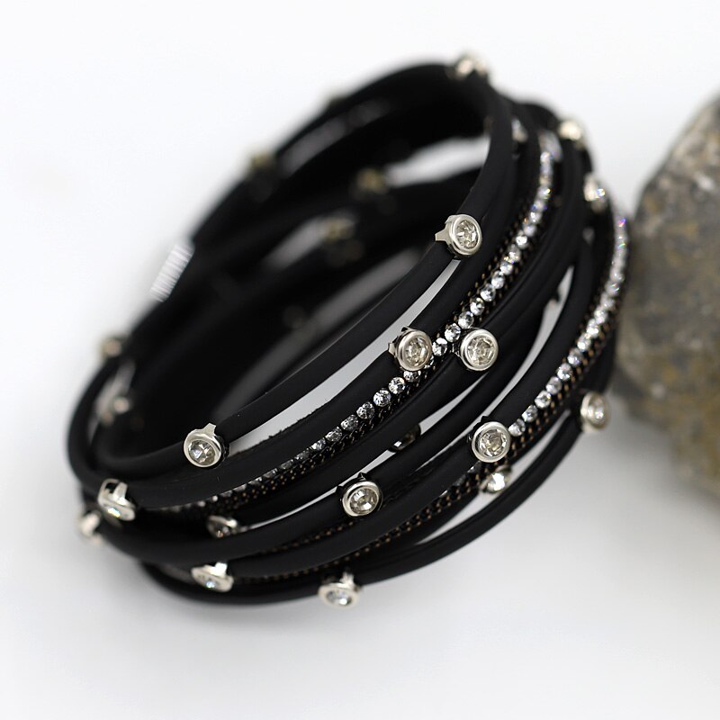 Mode Vrouwen Lederen Armband Multilayer Touw Cirkel Handgemaakte Ingelegd Rhinestone Magneet Sluiting Bangle Armbanden Zomer Sieraden