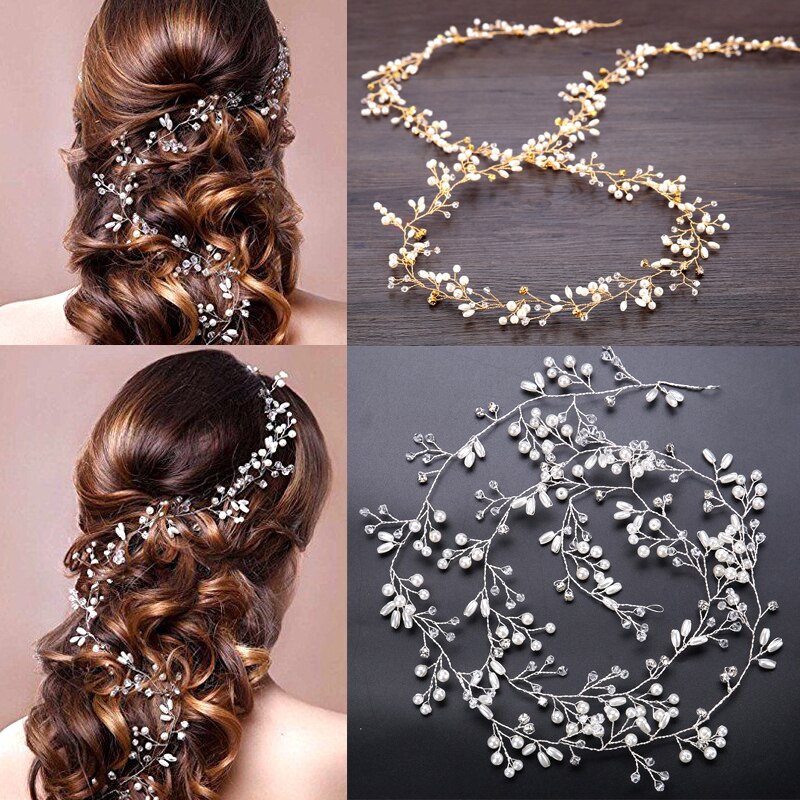 Wedding Crystal Pearl Headband Bridal Vine Hair Accessories Crown Headpiece Women Hair Belt Ornaments Handmade Headdress Jewelry