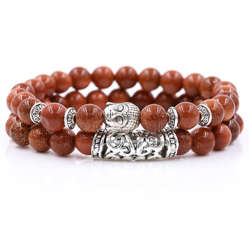 2PCS/Set Buddha Head Charm Natural 8mm Stone Beads Bracelet Sets For Women Men Braiding Macrame Bracelet Set Charm Bangle: BA-053(10)