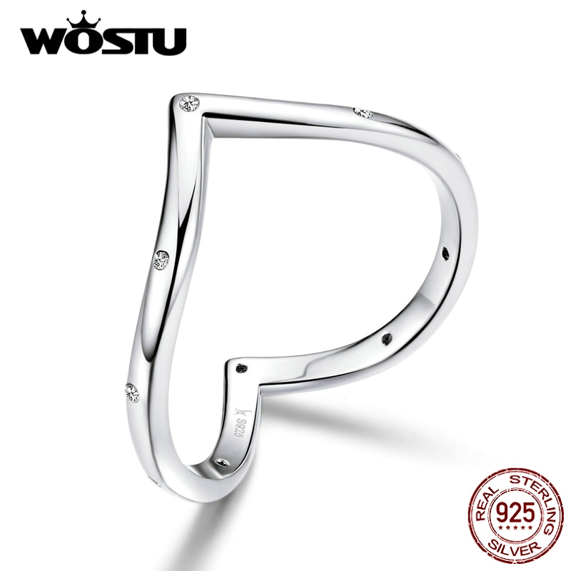 WOSTU Genuine 925 Sterling Silver Love Shape Rings Simple Jewelry For Women Wedding Party Ring CQR622