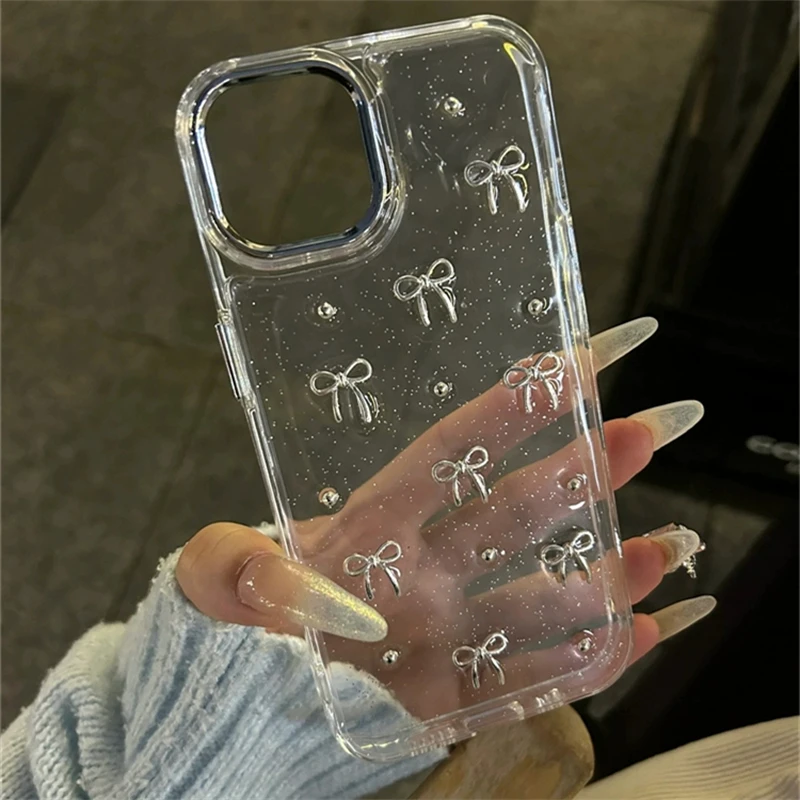 INS Japan Korea Silver Bowknot Phone Case For iPhone 15 16 14 13 12 11 Pro Max X XS XR 7 8 Plus Girl Epoxy Clear Glitter Cover: PU