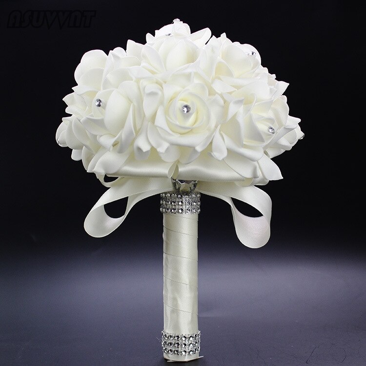 Edle Braut Strauß Braidmaid Hochzeit Schaum Blumen Rose Strauß Band Kristall Hochzeit Strauß Mädchen Braut Hochzeit Zubehör: Weiß