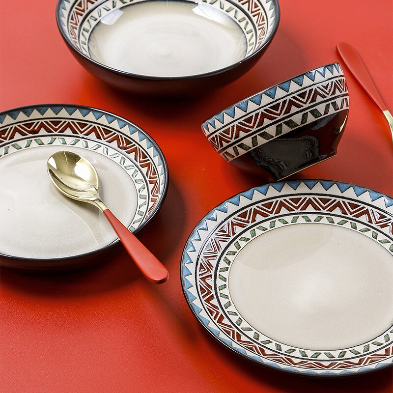 Servies Keramische Diner Plaat Set Schotel Porselein Leuke Dessertbord Servies Nordic Stijl Onderglazuur Diepe Vlakke Plaat