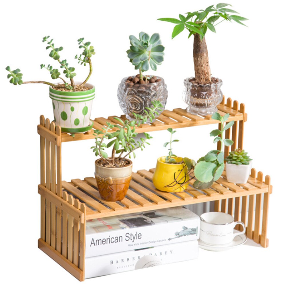 Two Tier Office Tabletop Storage Rack Bamboo Flower Planter Display Stand Plant Shelves Bonsai Decorative Storage Shelf For