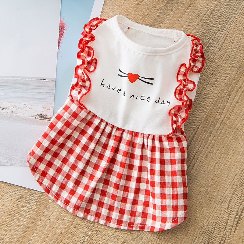 plaid dress pet Clothing dogs skirt dog Clothes small Costume cotton French Bulldog Print cute summer White girl collar perro: XL