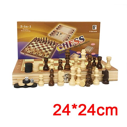 3 in 1 træ skak sæt brikker backgammon rejser træ skak spil skak brikker foldbare skakbræt kladder  i3: 24 x 24cm mulighed 2