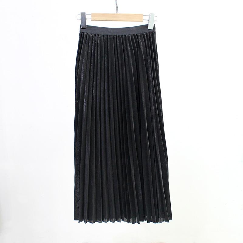 Filles plissé métal brillant argent jupe femmes décontracté Vintage mi-long a-ligne métallique daim jupes femme automne/hiver jupes: Black