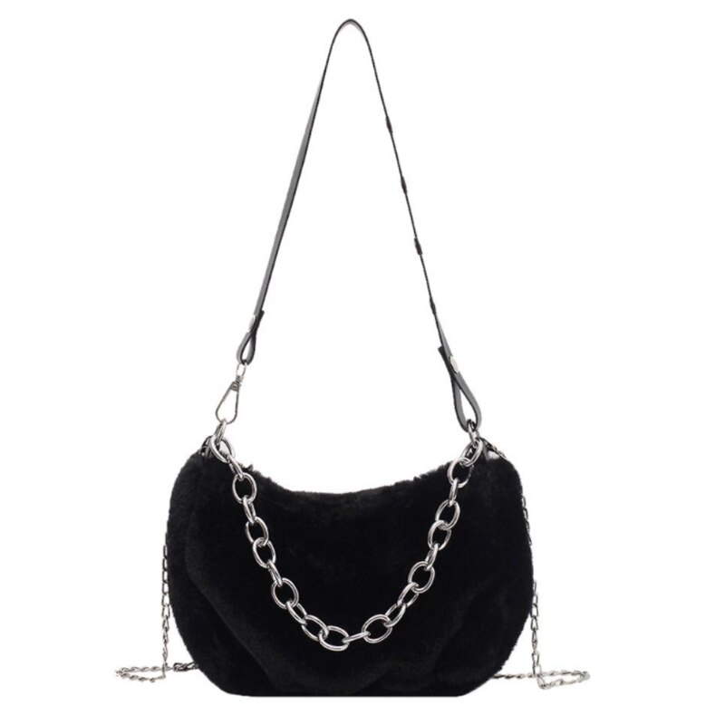 Herfst Winter Schouder Onderarm Tassen Voor Vrouwen Pluche Effen Kleur Messenger Bag Reizen Straat Keten Zakken: Black