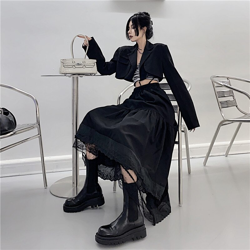 Jupe longue plissée noire et blanche pour femmes, Streetwear, couleur unie, décontractée, ample, élastique, taille haute, volants, doux: Black / XL