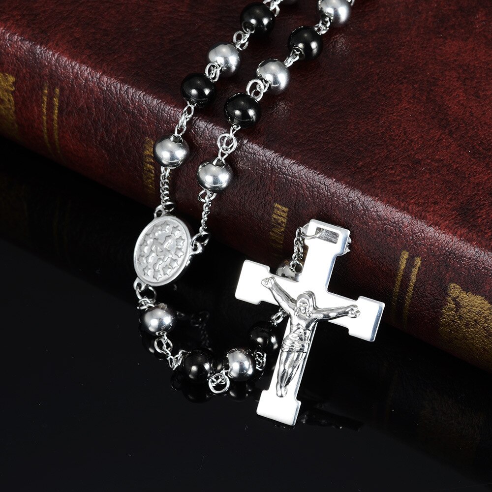 Tiasri Halskette Frauen Lange Kette Jesus Kreuz Anhänger Kragen Halsband Silber Farbe Runde Perle zur Seite fahren Kette Freund