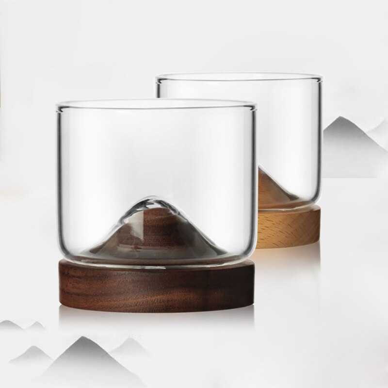 Home Kitchen Whiskey Glass Mug Mountain Shape Wooden Bottom Wine Transparent Glass Cup Whiskey Wine Bar Club Barware Unique