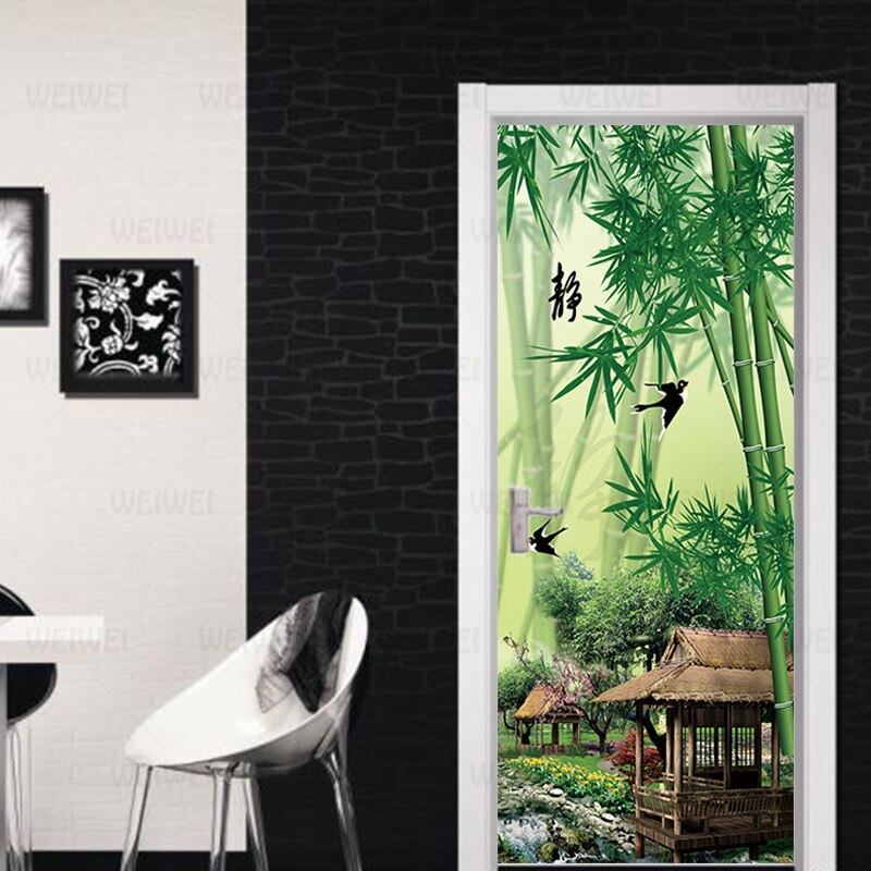 3D Door Decoration Wallpaper Modern Chinese Green Bamboo Pavilion Door Stickers Self-adhesive Waterproof Poster Mural