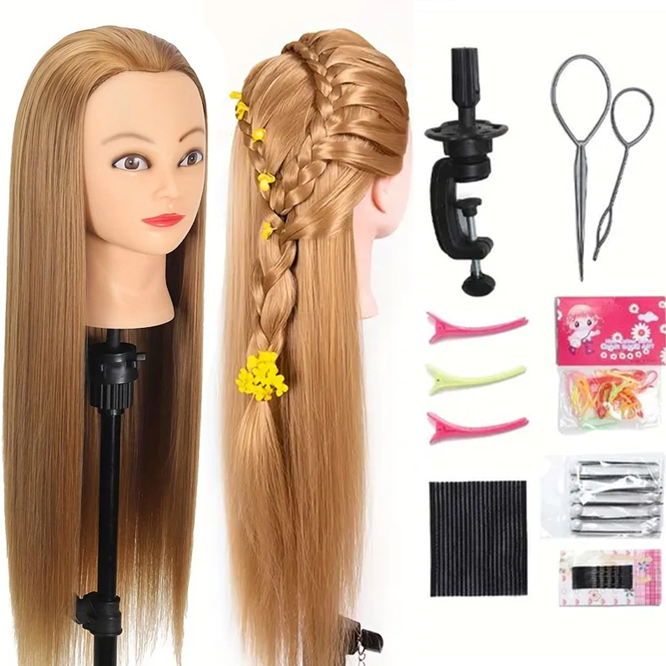Long Synthetic Fiber Hair Mannequin Head With Free Clamp Stand Hairdresser Training Manikin Cosmetology Doll Head For DIY Braid: Beige