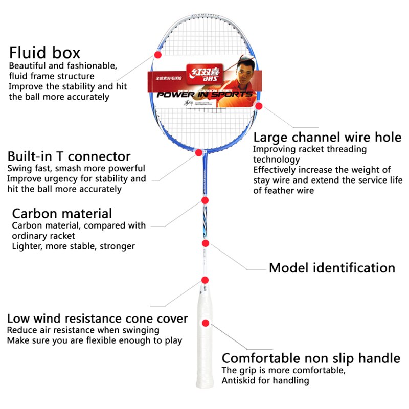 DHS Badminton Racket Set Carbon Fiber Badminton Rackets with 3 Shuttlecocks and Carrying Bag for Beginner