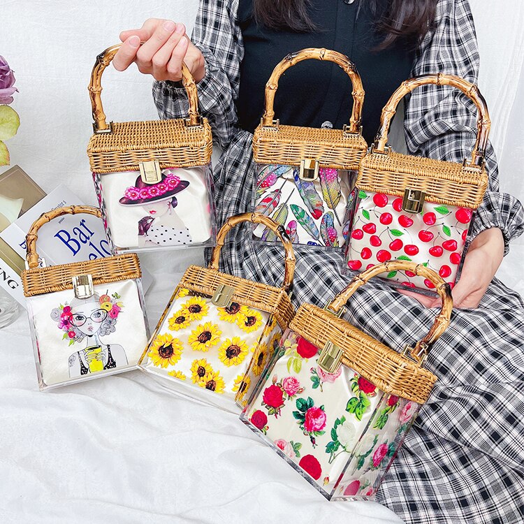 Clear Acrylic Flower Pattern Purses and Handbags for Women Bamboo Handle Party Clutch Evening Bag Chain Shoulder Bag