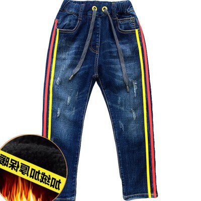 Kids pants big boys casual jeans autumn children clothes boy denim blue color kids pencil trousers child hole leggings: winter thickened / 4T