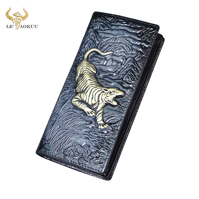 Talonario de piel auténtica para hombre, cartera masculina con de Tigre, Dargon, grabada, , 1014: black-g-tiger