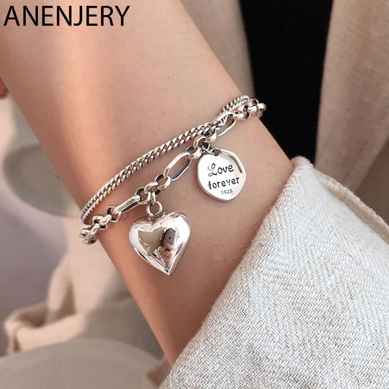 Anenjery 925 Sterling Silve Brief Liefde Hart Zware Keten Armband Voor Vrouwen Ins Glimlach Sieraden S-B461