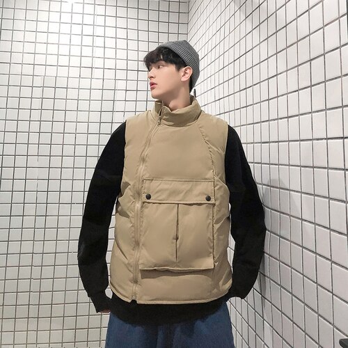 Vesten Mannen Kant Ritsen Zakken Solid Chic Warm Retro Grote Maat 2XL Oversize Heren Cargo Vest Dagelijks Uitloper Ulzzang Chic: khaki / XL