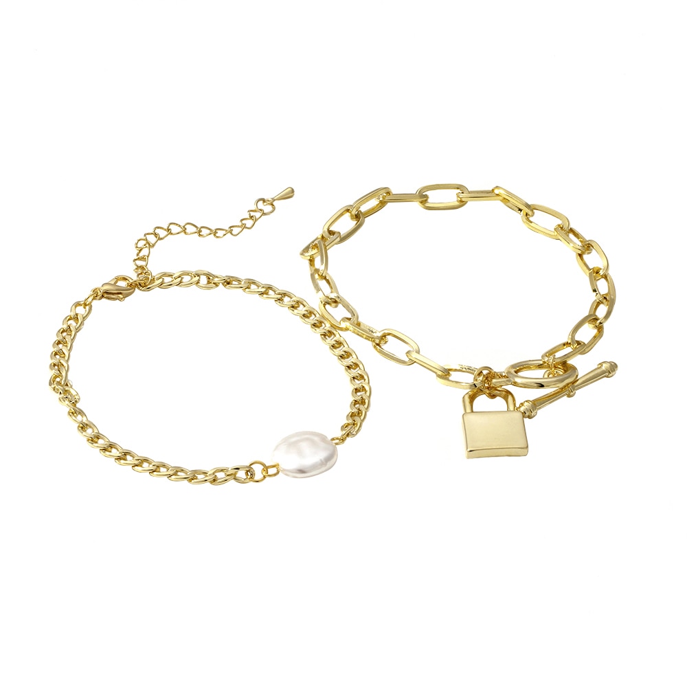 Yhpup Combination Bracelet Trendy Gold Imitation Pearls Bangle 2PCS Girlfriend Lovers Jewelry Accessories for Female Office 16 K
