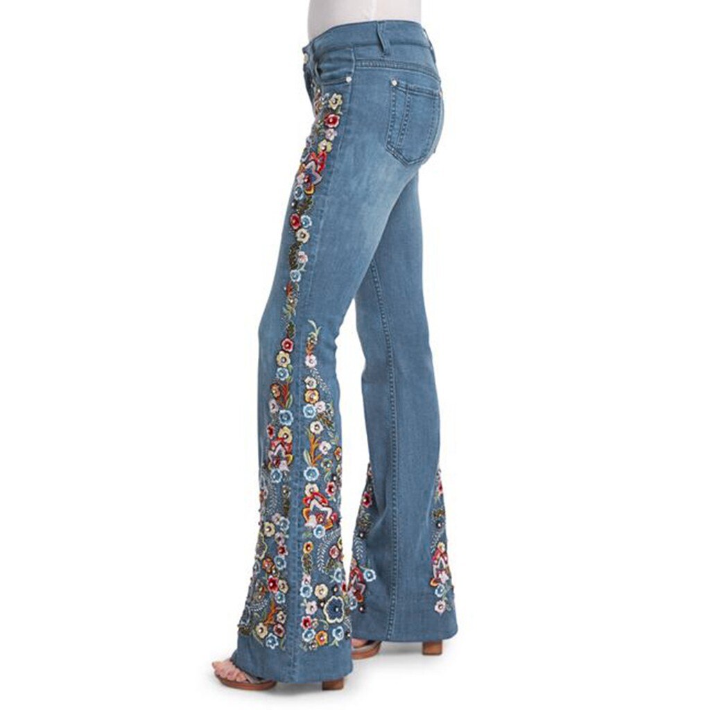 Femmes broderie Flare jean bouton taille cloche bas Denim pantalon été décontracté pantalon 2.22