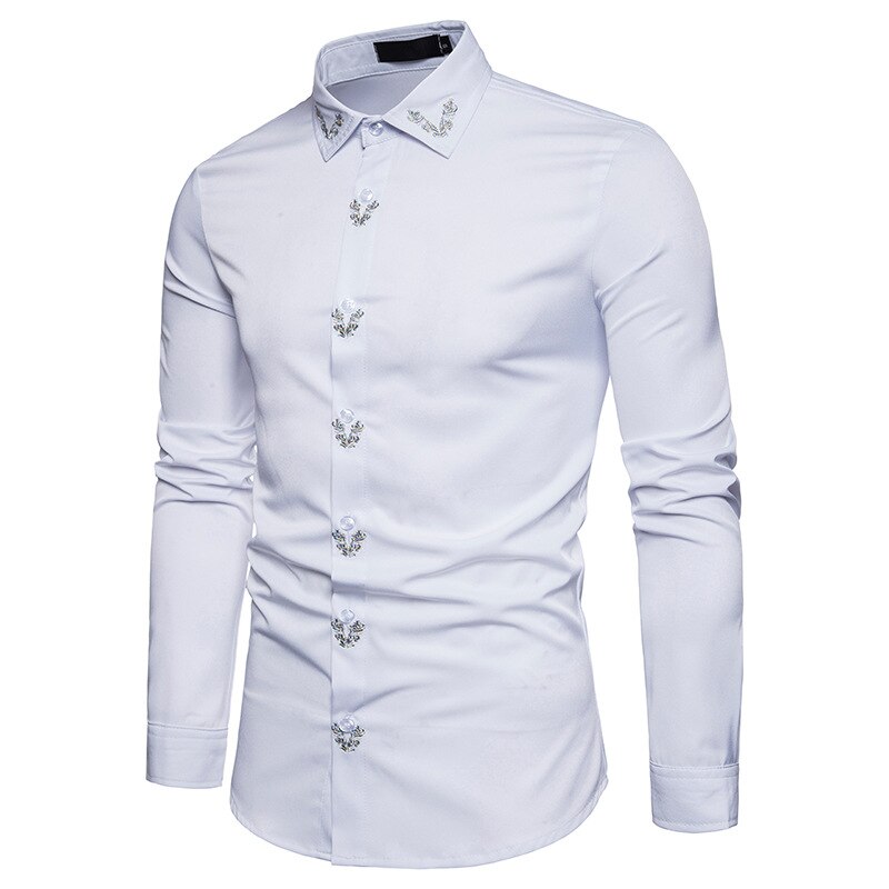 Herenoverhemd europees en amerikaans borduurwerk court-stijl slank effen kleur lange mouw overhemd heren  nx5298: Wit / S