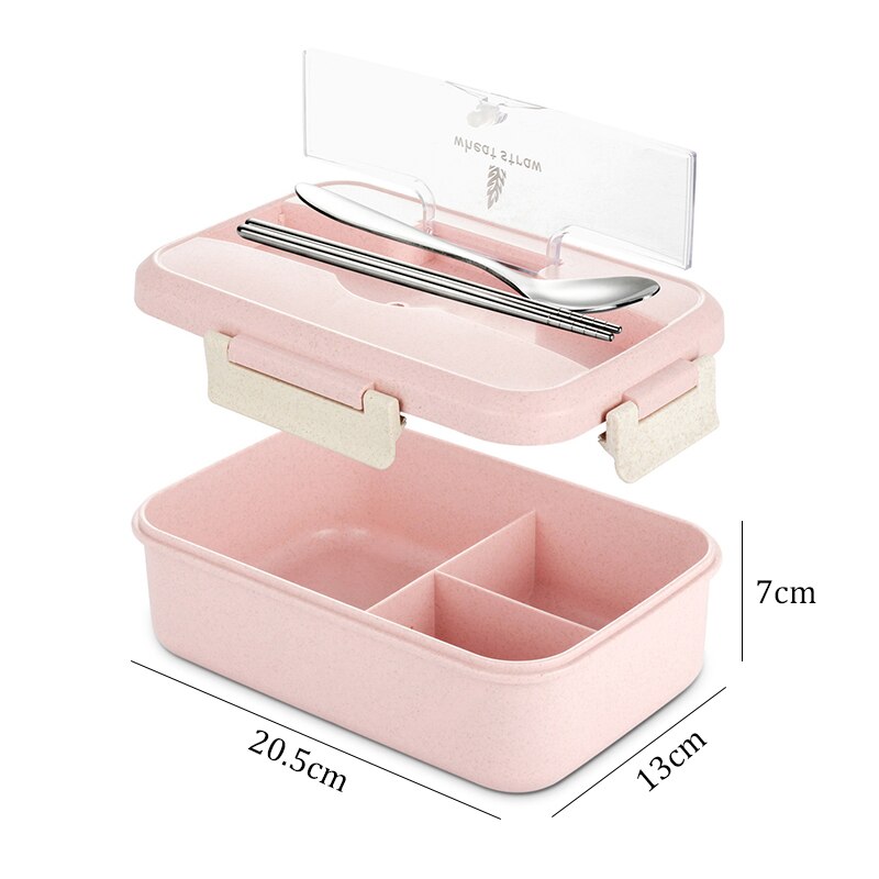 Fiambrera con contenedor de almacenamiento de alimentos para niños, caja de almuerzo con cuchara, palillos, vajilla de paja de trigo, escuela y oficina