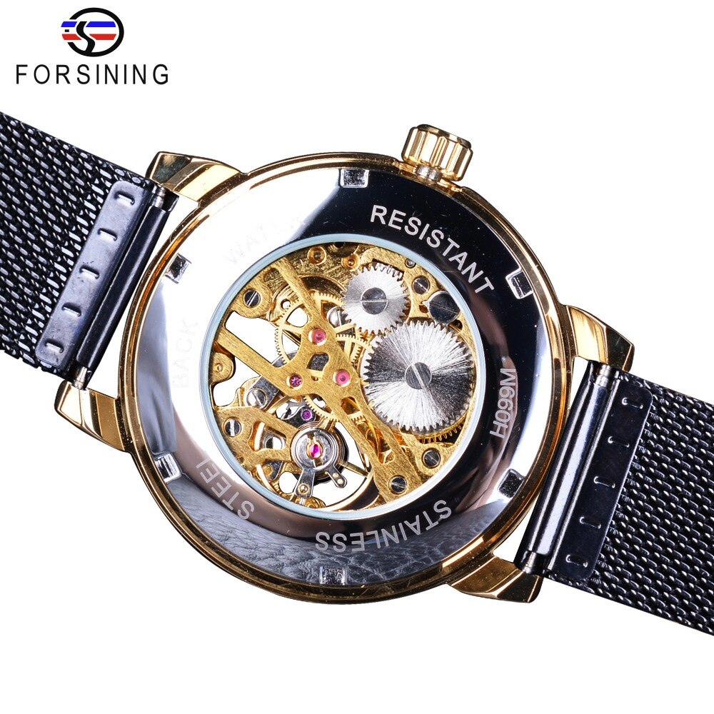 Forsining Classic Retro Luxe 3D Romeinse Aantal Zwarte Mesh Band Transparant Mannen Mechanische Skelet Horloges Top Luxe