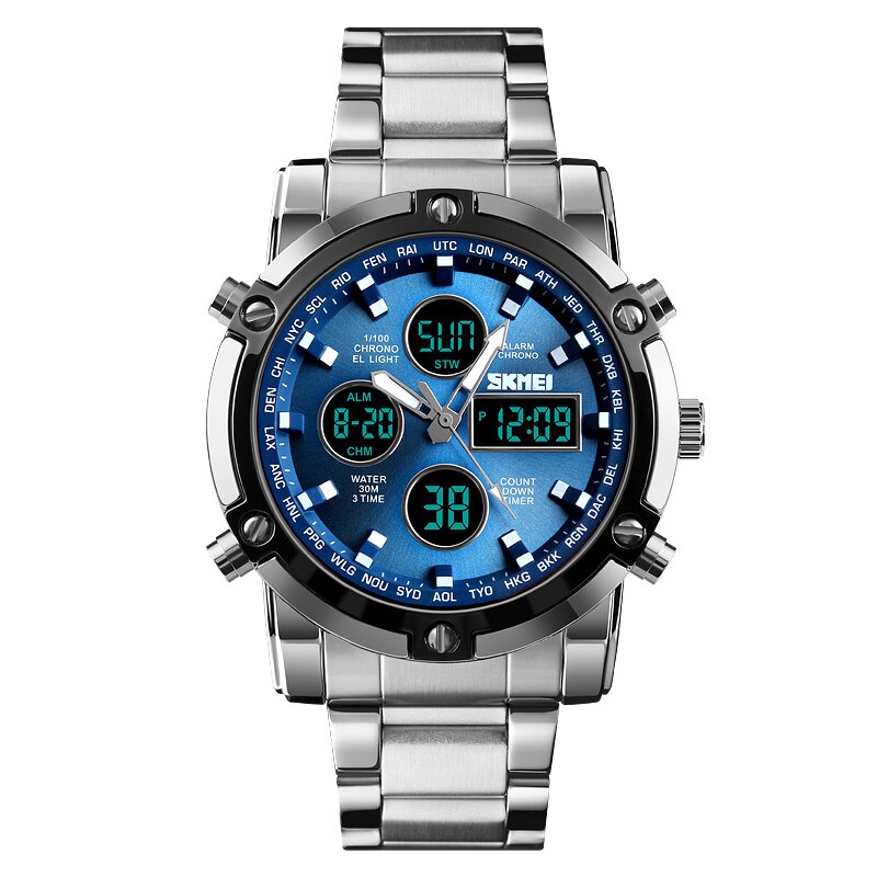 Skmei 3-malige Hintergrund beleuchtung Digitaluhren Herren Vollstahlband-Quarz-Armbanduhr Countdown-Uhr relogio maskulino