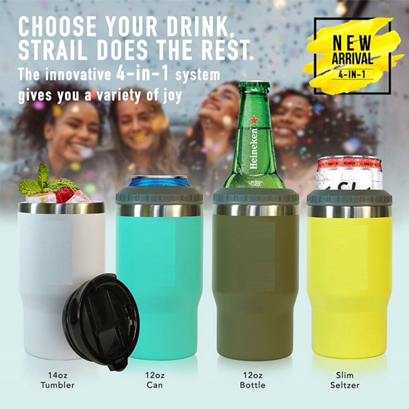 14oz Can Cooler Stainless Steel Insulated Skinny Beer Cooler Insulator Holder With 2 Lids Thermos Copo Termico Water Bottle