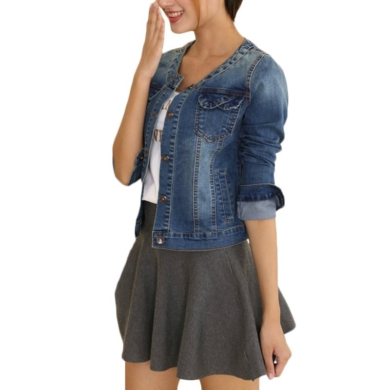 Vårhöst denimjacka kvinnor plus storlek långärmad jeansjacka dam o halsrockar jacka elastiska korta basrockar 4xl f670