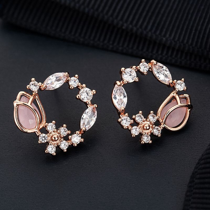 Boucles d'oreilles coréennes en forme de couronne creuse pour femmes, bijoux de fête de mariage en cristal Zircon, abeille douce, papillon,: COULEUR OR ROSE