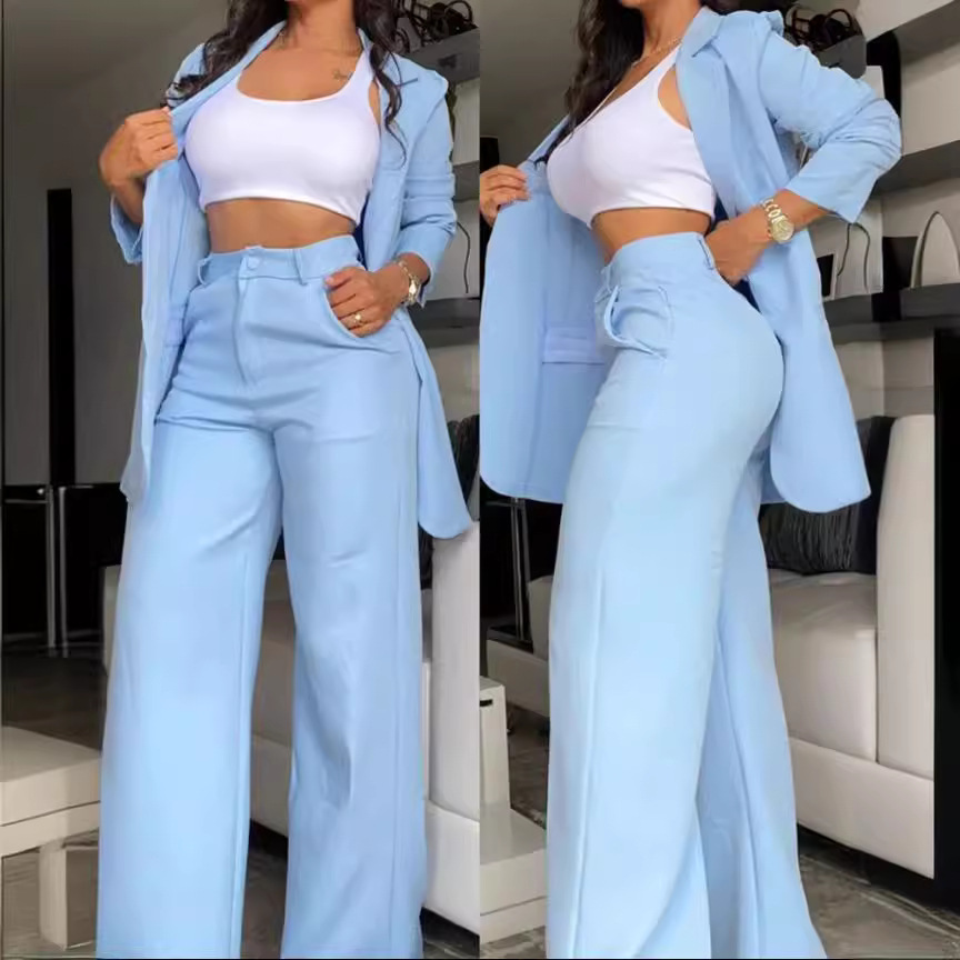 Jakkesæt dame 2- delte sæt outfits tøj afslappet bukser slidsede ærmer revers jakkesæt blazere lomme lige bukser jakkesæt