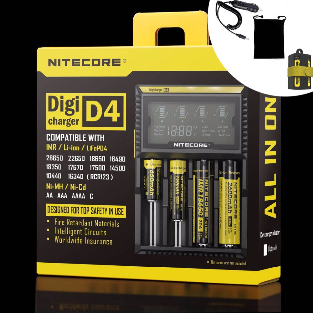 100% cargador de batería Original Nitecore D4 cargador inteligente LCD Li-ion 18650 14500 17670 18490 17500 AAA 12V cargador de batería: D4 Car cable bag / AU