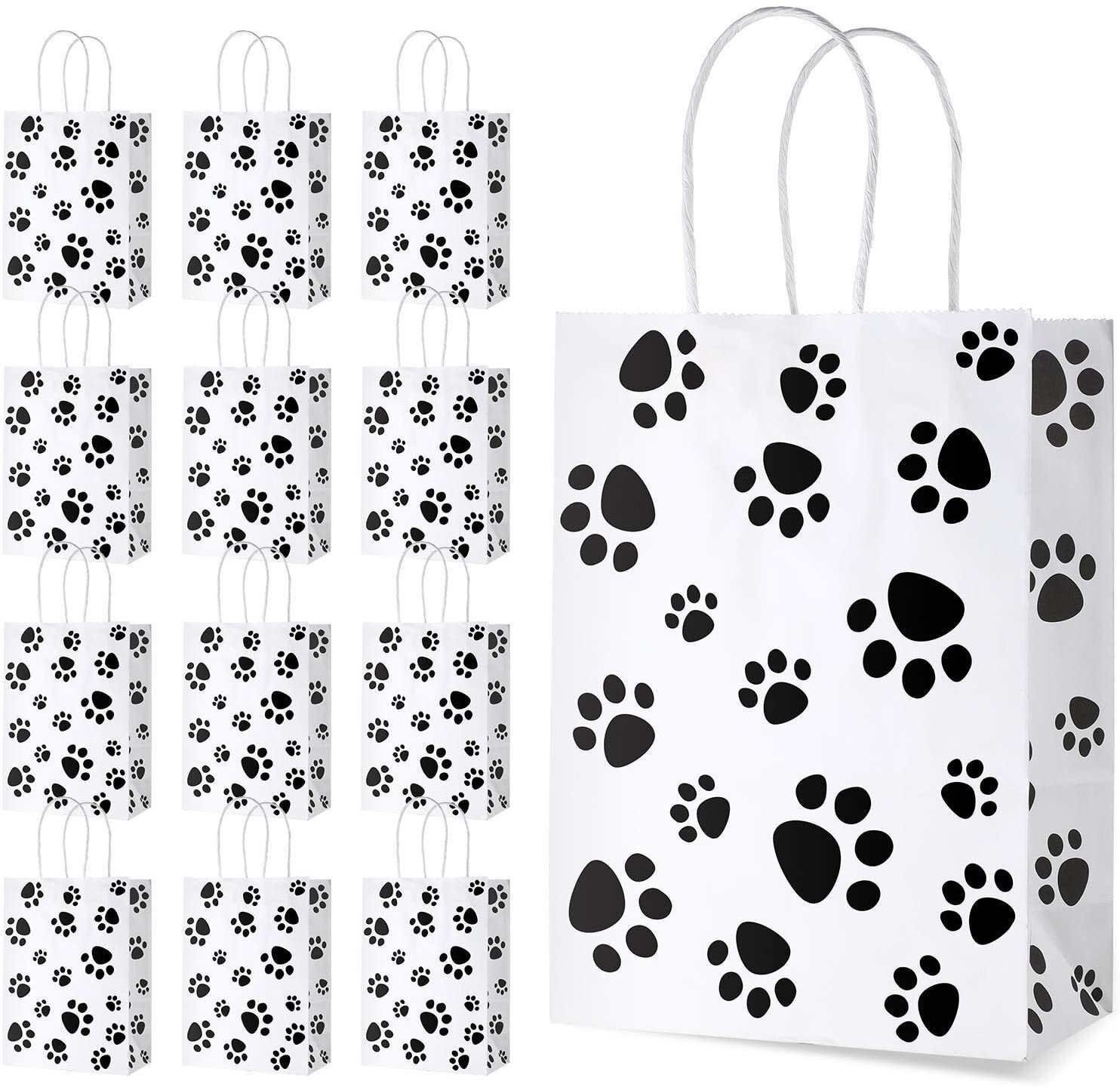 12 stk hundeformet papirpose med håndtag kage slik emballage poser bryllupsfest indretning hvalpe pote print fødselsdag