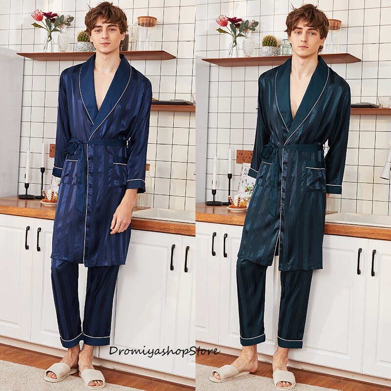 Two-Pieces Nightgown Satin male Sleepwear Loose Dress Silky Long Sleeve Robe and Long Pants bathrobe set for Men