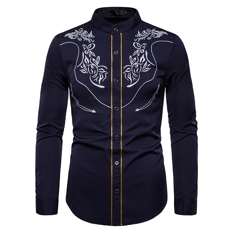 CYXZFTROFL Men's Western Cowboy Embroidered Shirt Casual Henry collar Button Down Shirts Slim Fit Long Sleeve Shirt: Navy / Eu Size M