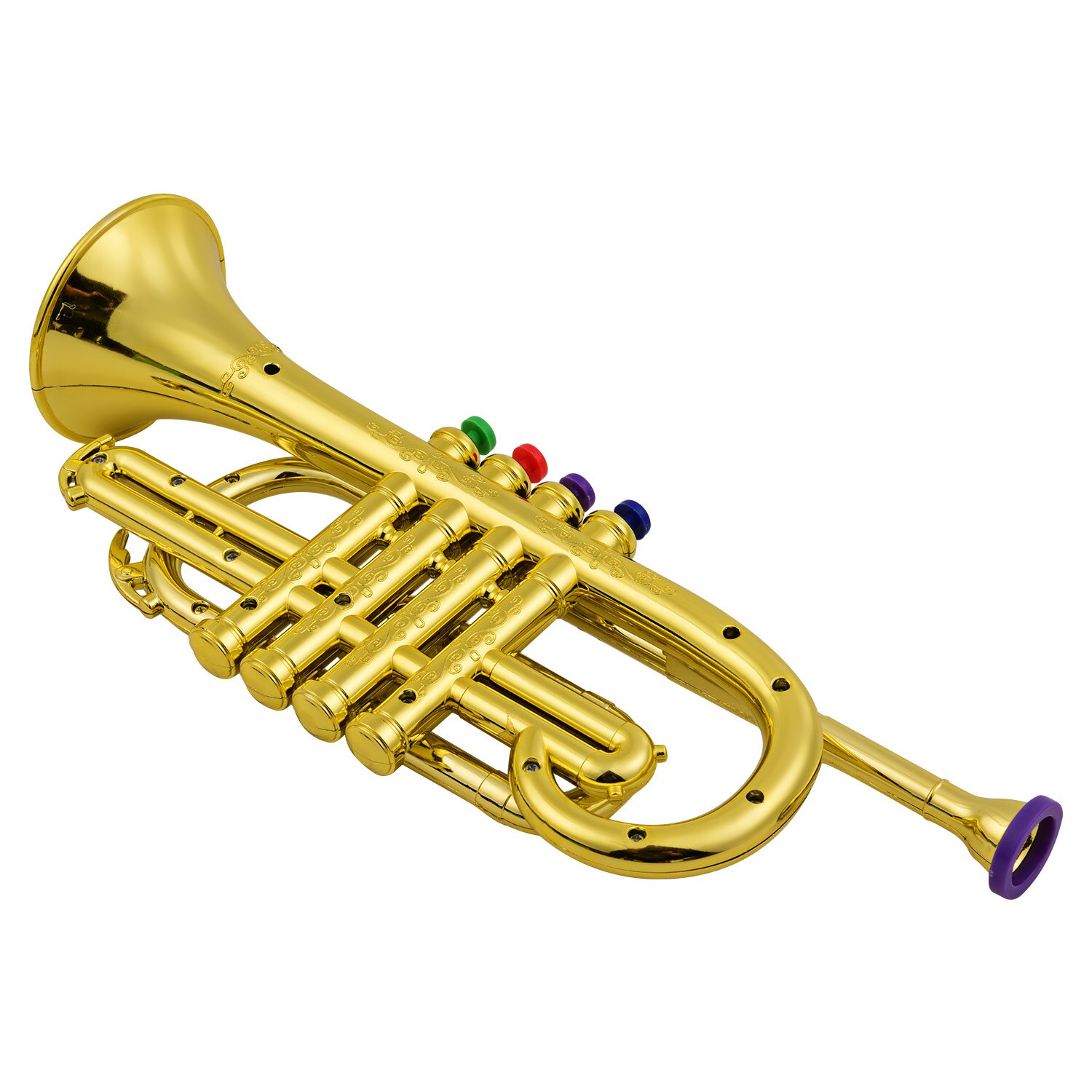 Leksakstrumpet barn musikaliska blåsinstrument abs metalliskt guldtrumpet med 4 färgade nycklar