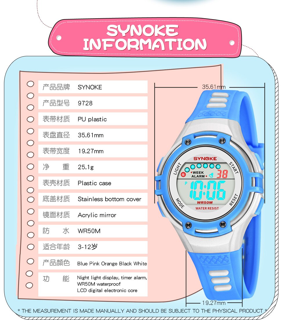 Synoke Kinderen Digitale Horloges Waterdicht Kids Sport Elektronische Polshorloge Led Lichtgevende Wekker Jongen Meisje Horloge