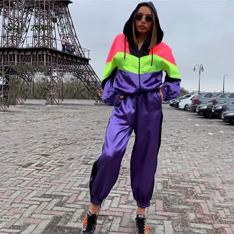 Neon Patchwork Sportwear Women Two Piece Outfits Hooded Long Sleeve Jacket Top + Pants Streetwear Tracksuit Women Matching Sets