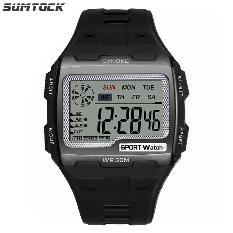 Synoke Sport Mannen Digitale Horloges Casual Grote Wijzerplaat Waterdicht Wekker Stopwatch Chronograaf Led Display Relogio Masculino: Black