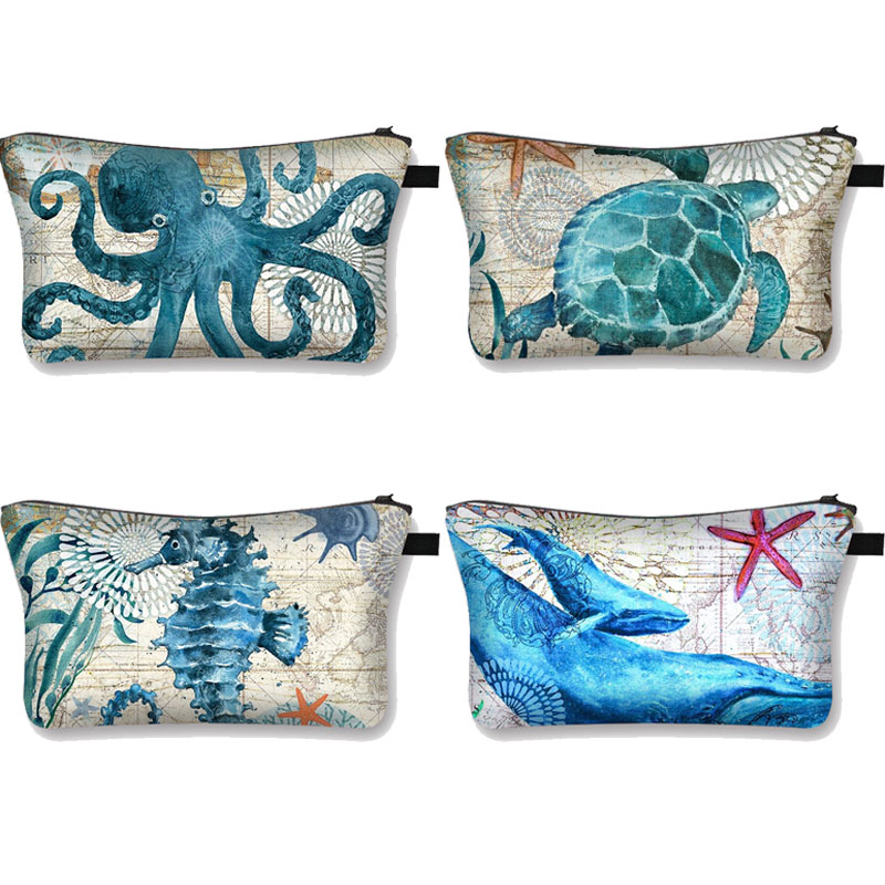 Bolsa de cosméticos con estampado de pulpo/tortuga marina/caballito de mar, estuche de cosméticos para mujer, bolsas de maquillaje para mujer, estuche de maquillaje de viaje