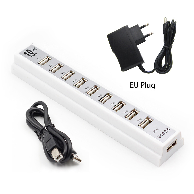 Usb 2.0 10 -poorts hub, multi-usb-splitters, hoge snelheid 480 mbps usb 2.0- hub met eu/vs-stroomadapter voor pc, laptop en notebookcomputer