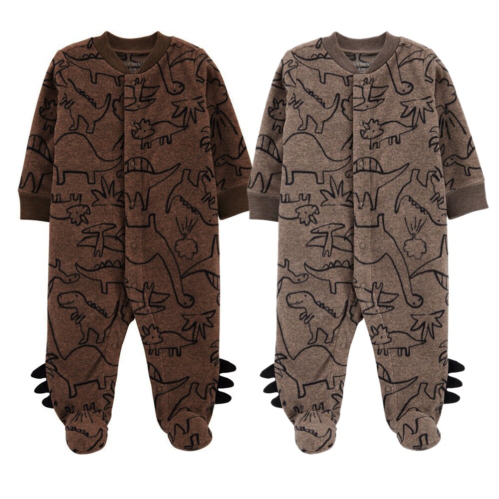 Baby Winter Betaalde Jumpsuit, Cartoon Dinosaurus Lange Mouwen Footies Footies Met Knoppen Voor Peuter Jongens, 2 Kleuren